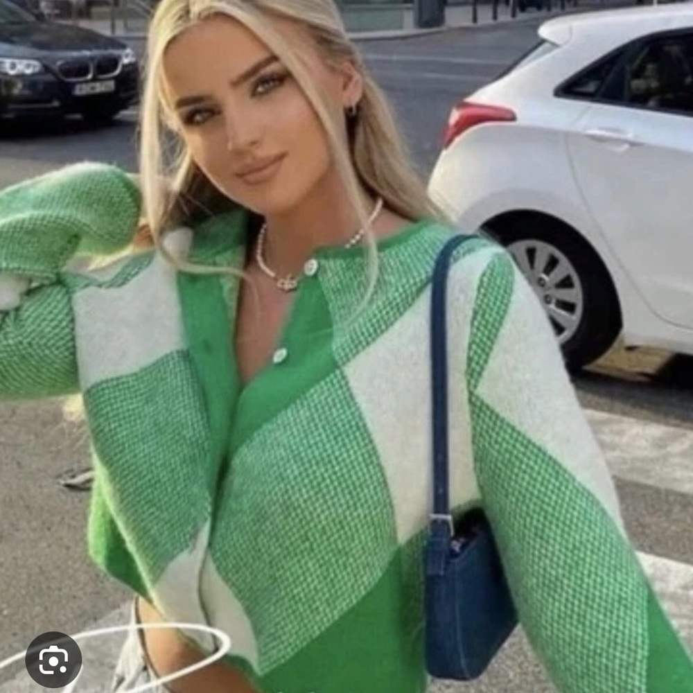 Zara Green and Cream Women's Cardigan